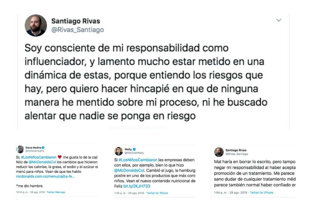 Otros influencers también han promocionado otros productos en sus perfiles que abren debates sobre salud pública y redes sociales. / Tomado de Twitter/Cristian Garavito, El Espectador.