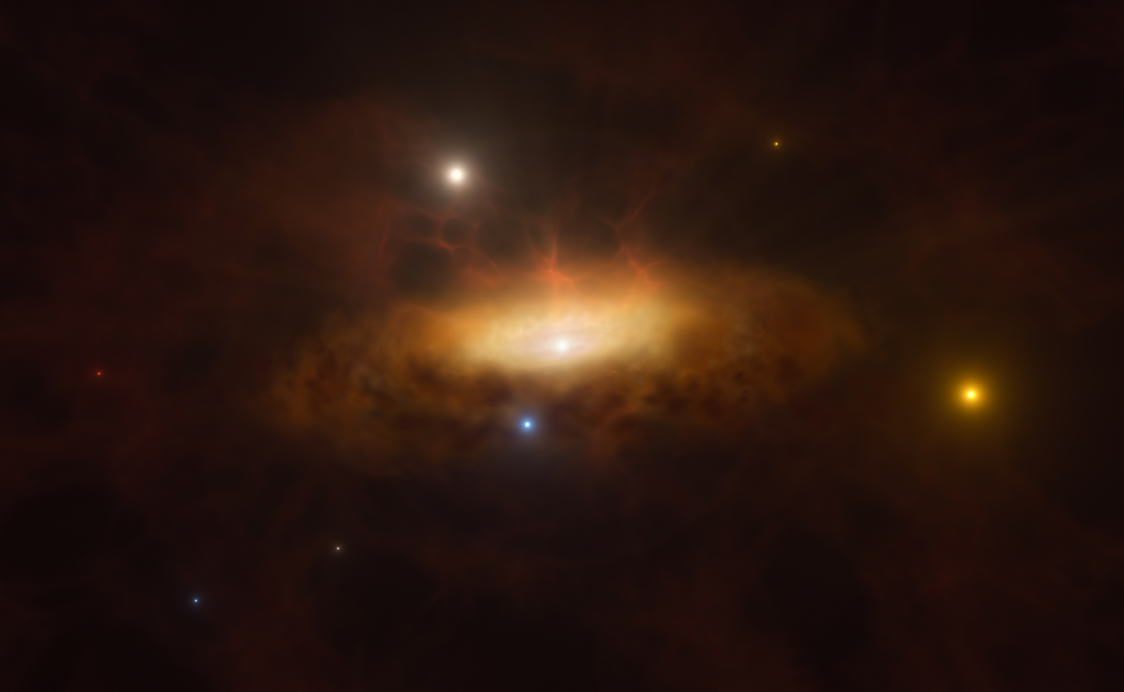 This handout artist’s impression obtained on June 18, 2024 from the European Southern Observatory (ESO) shows the growing disc of material being pulled in by the black hole as it feeds on the gas available in surroundings of the galaxy SDSS1335+0728, making the galaxy light up.