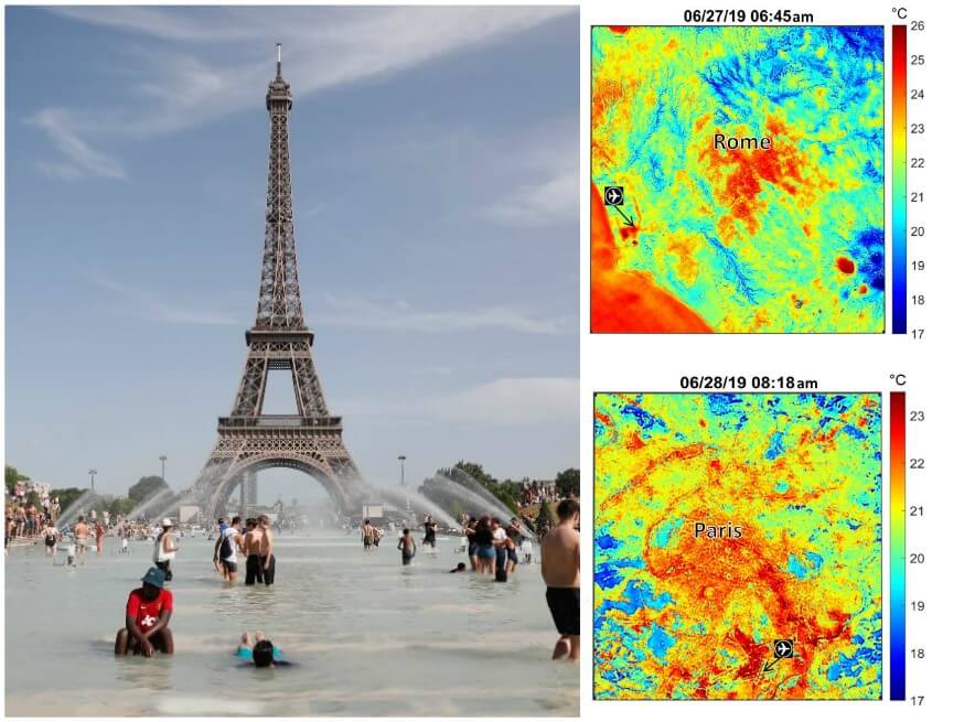 En las imágenes, las temperaturas más cálidas aparecen en rojo y las más frías aparecen en azul. Muestran que el núcleo central de cada ciudad es mucho más caliente. / AFP/ Nasa