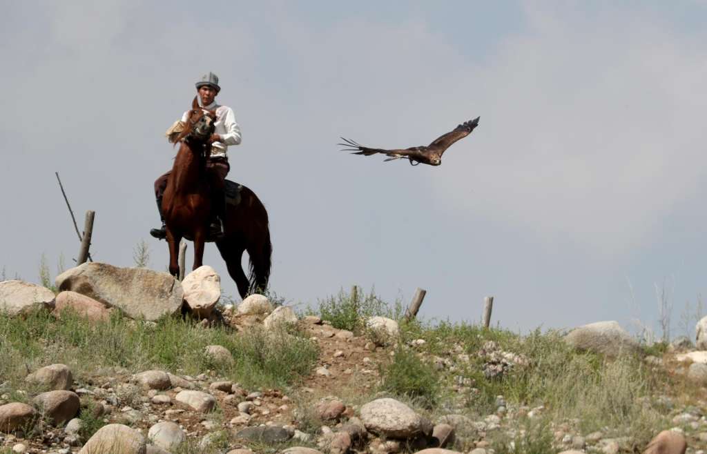 Bokonbaevo (Kyrgyzstan), 02/08/2025.- A Kyrgyz berkutchi (eagle hunter) on horseback releases his golden eagle during the national hunting festival Salburun in Bokonbaevo, 270 km from Bishkek, near Lake Issyk-Kul, Kyrgyzstan, 02 August 2025. Salburun is a traditional Kyrgyz hunting game involving falcons and dogs. (Kirguistán) EFE/EPA/IGOR KOVALENKO