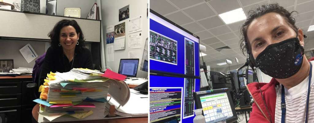 La ingeniera con uno de los muchos documentos que utilizaba para las pruebas y trabajando en un centro de control (en este caso un selfi desde la Guayana Francesa). / NASA.