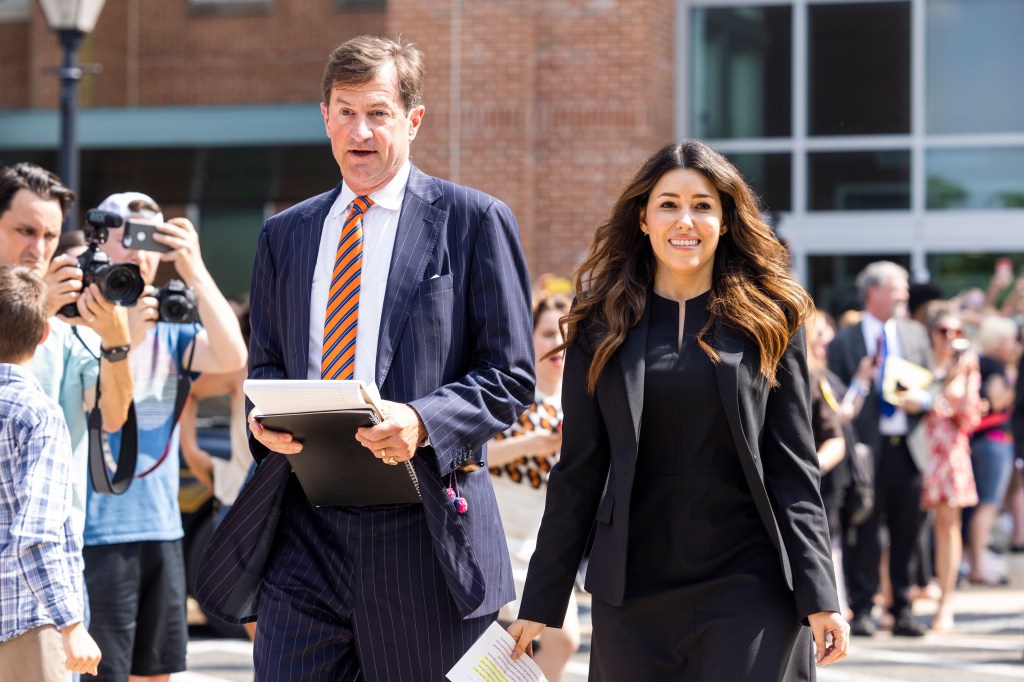 Fairfax (United States), 01/06/2022.- Attorneys Camille Vasquez (R) and Ben Chew (L), who represented actor Johnny Depp, prepare to speak outside the Fairfax County Circuit Courthouse after the verdict in Deppvïs defamation case against actor Amber Heard in Fairfax, Virginia, USA, 01 June 2022. The jury found that US actor Johnny Depp was defamed by his ex-wife, US actor Amber Heard, in his 50 million US dollar defamation lawsuit against her and awarded him with 15 million US dollars. The jury also found that Heard was defamed by Depp through his former attorney, Adam Waldman, and awarded her with two million US dollars. (Estados Unidos) EFE/EPA/JIM LO SCALZO
