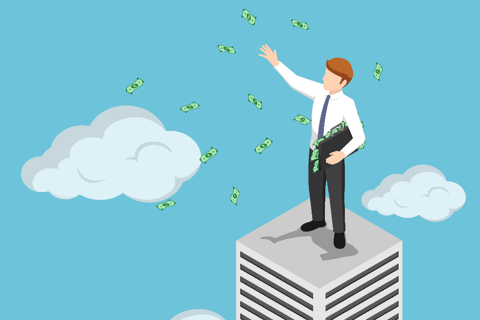 Una ilustración de un hombre lanzando dinero en la parte más alta de un edificio.
