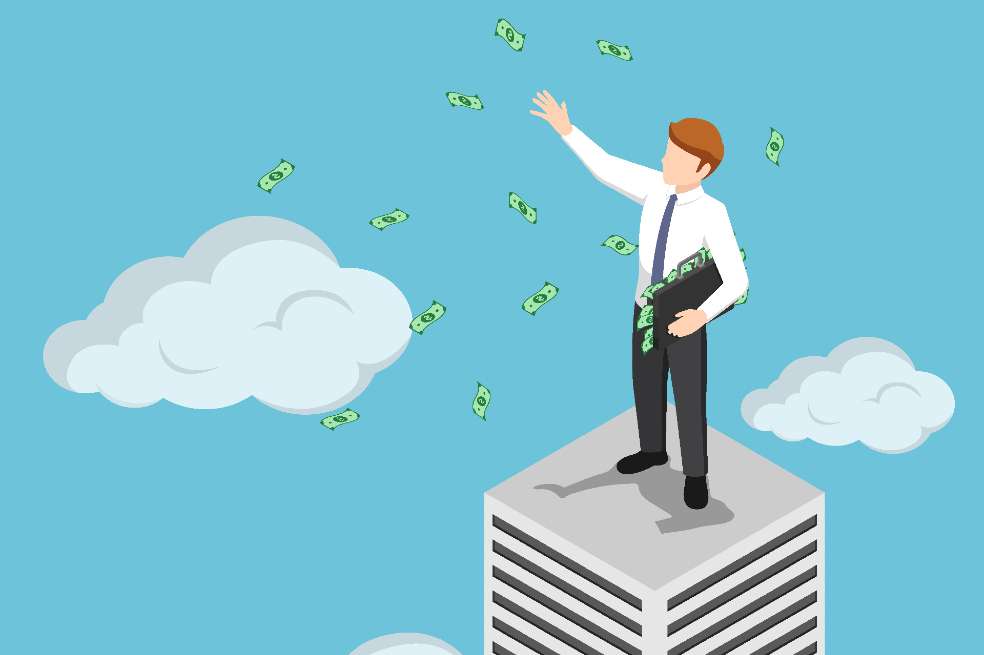 Una ilustración de un hombre lanzando dinero en la parte más alta de un edificio.