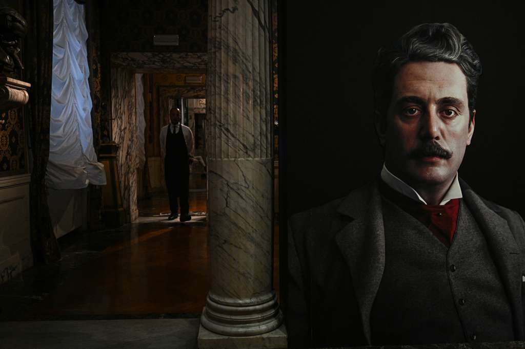 A portrait of Giacomo Puccini is displayed at the Museo Teatrale alla Scala in Milan during the media preview of the exhibition "Puccini, Opera meets new media" on October 23, 2024.