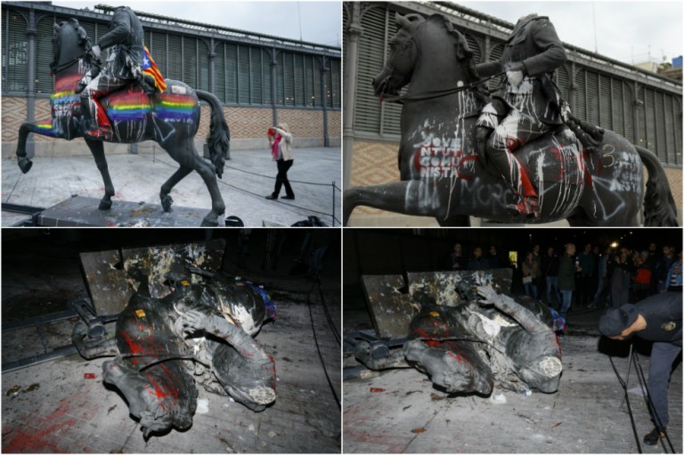 En el piso, con huevos, pintura y una cabeza de cerdo, terminó estatua de Franco en España