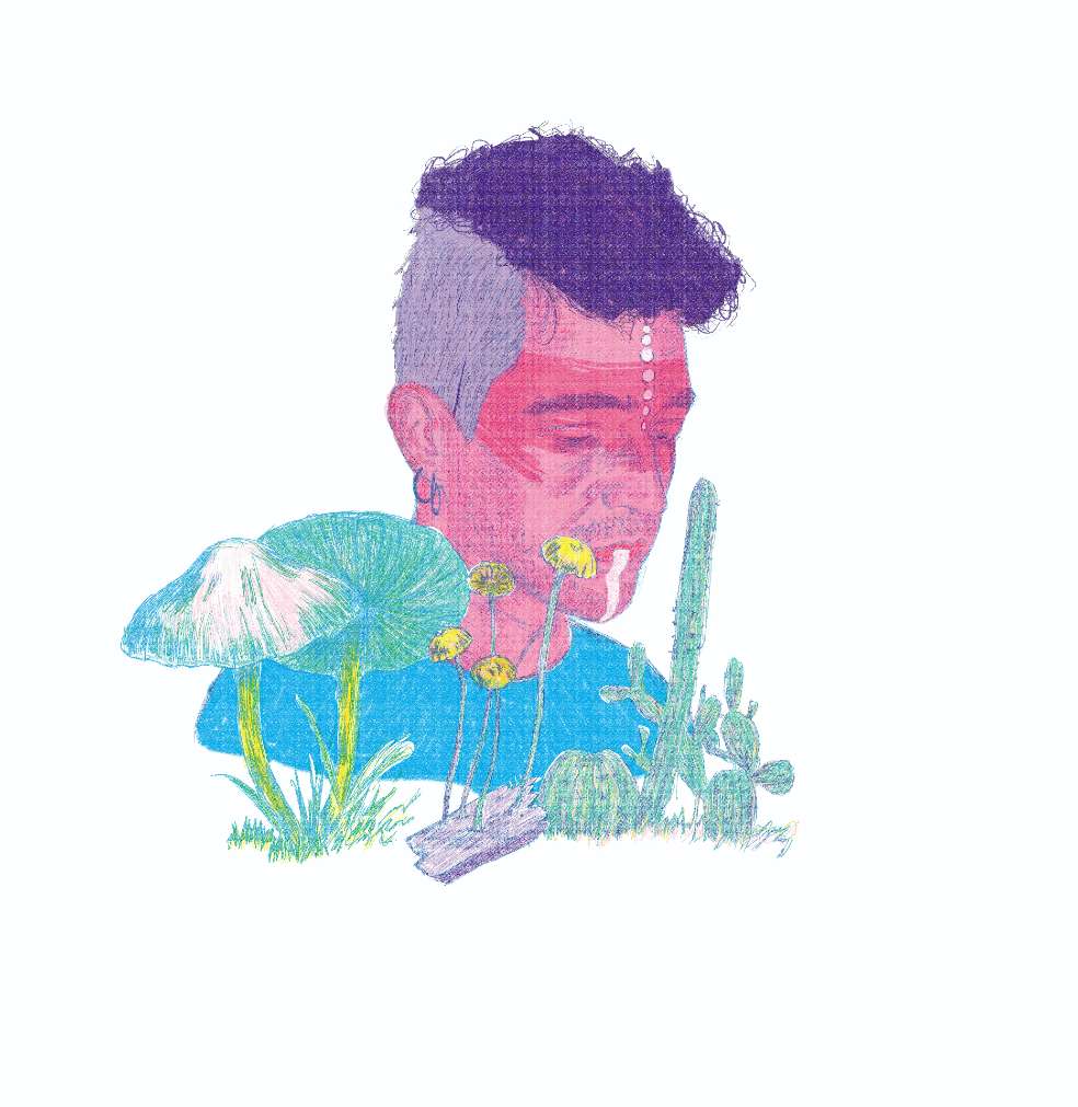 Una ilustración inspirada en Muerdo y en los temas más frecuentes en sus canciones. Todas las portadas de sus álbumes han sido ilustradas.