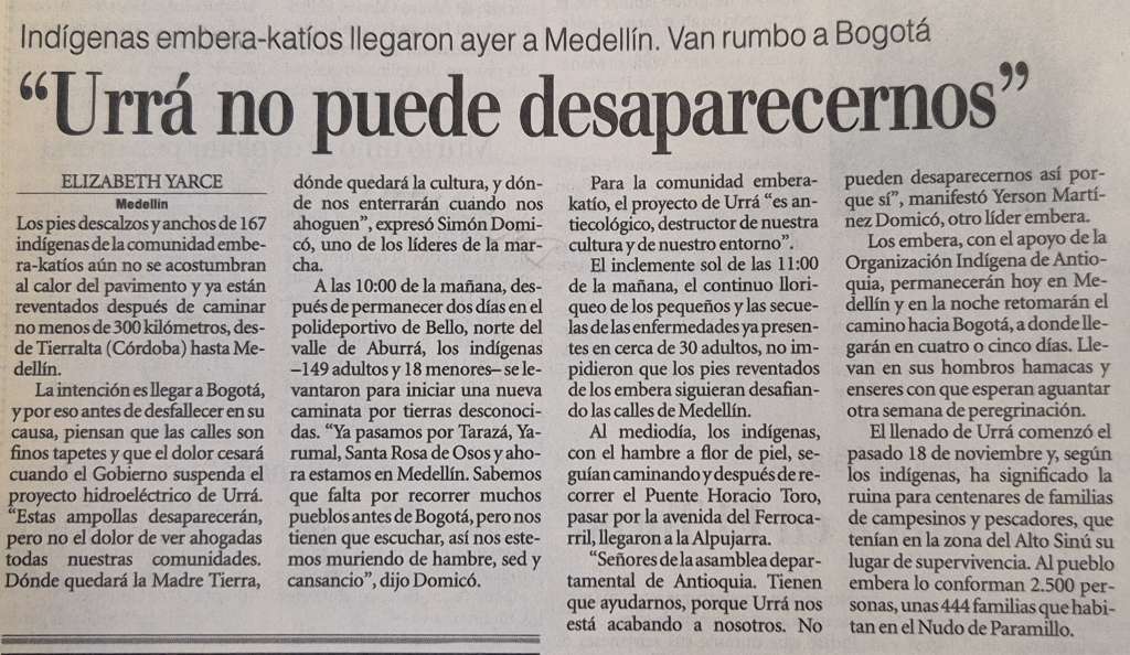 La periodista Elizabth Yarce cubrió la llegada de 167 indígenas embera-katío a Medellín, tras caminar más de 300 kilómetros.