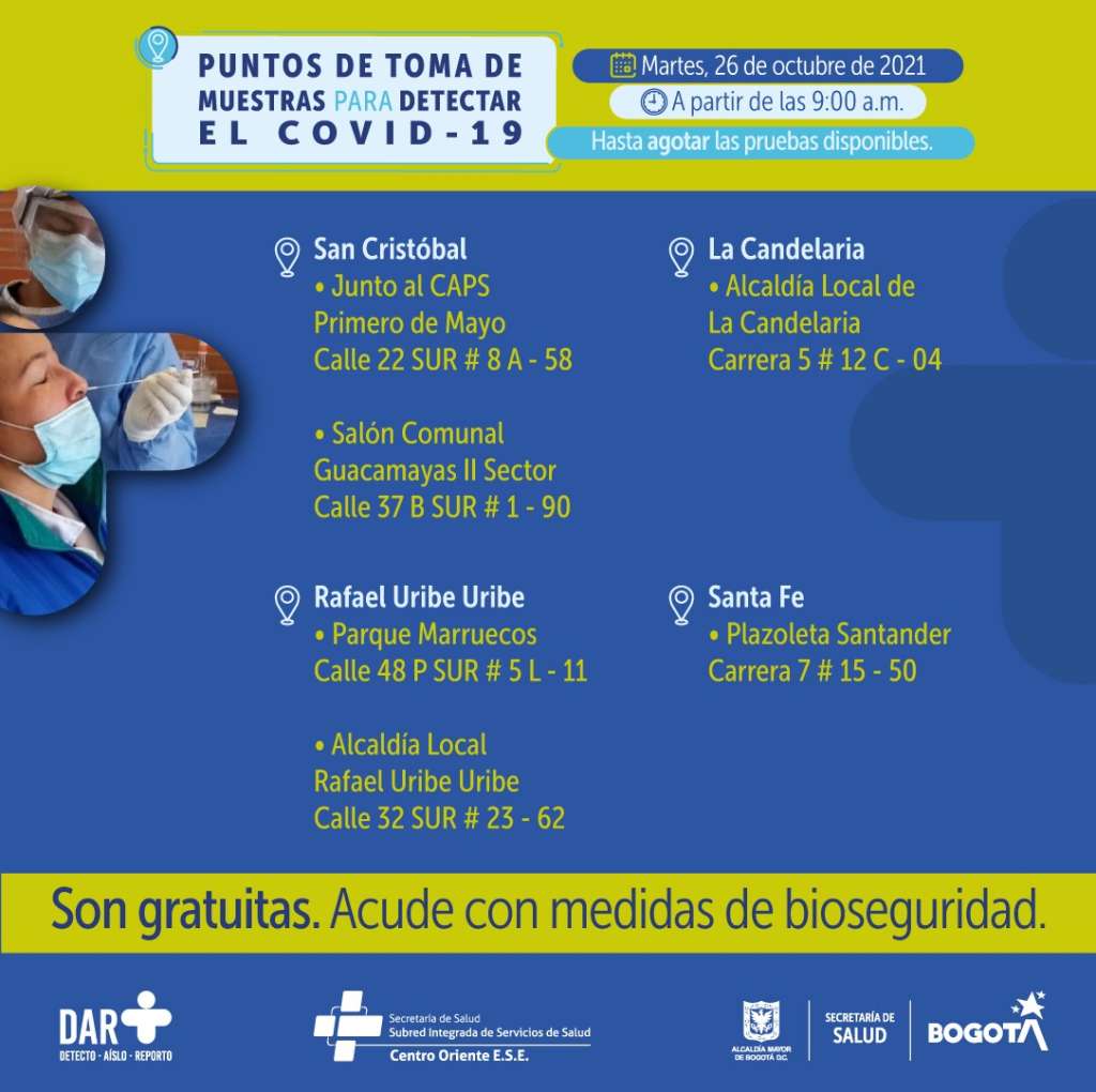¿Dónde hay pruebas gratuitas contra Covid-19 este martes en Bogotá?