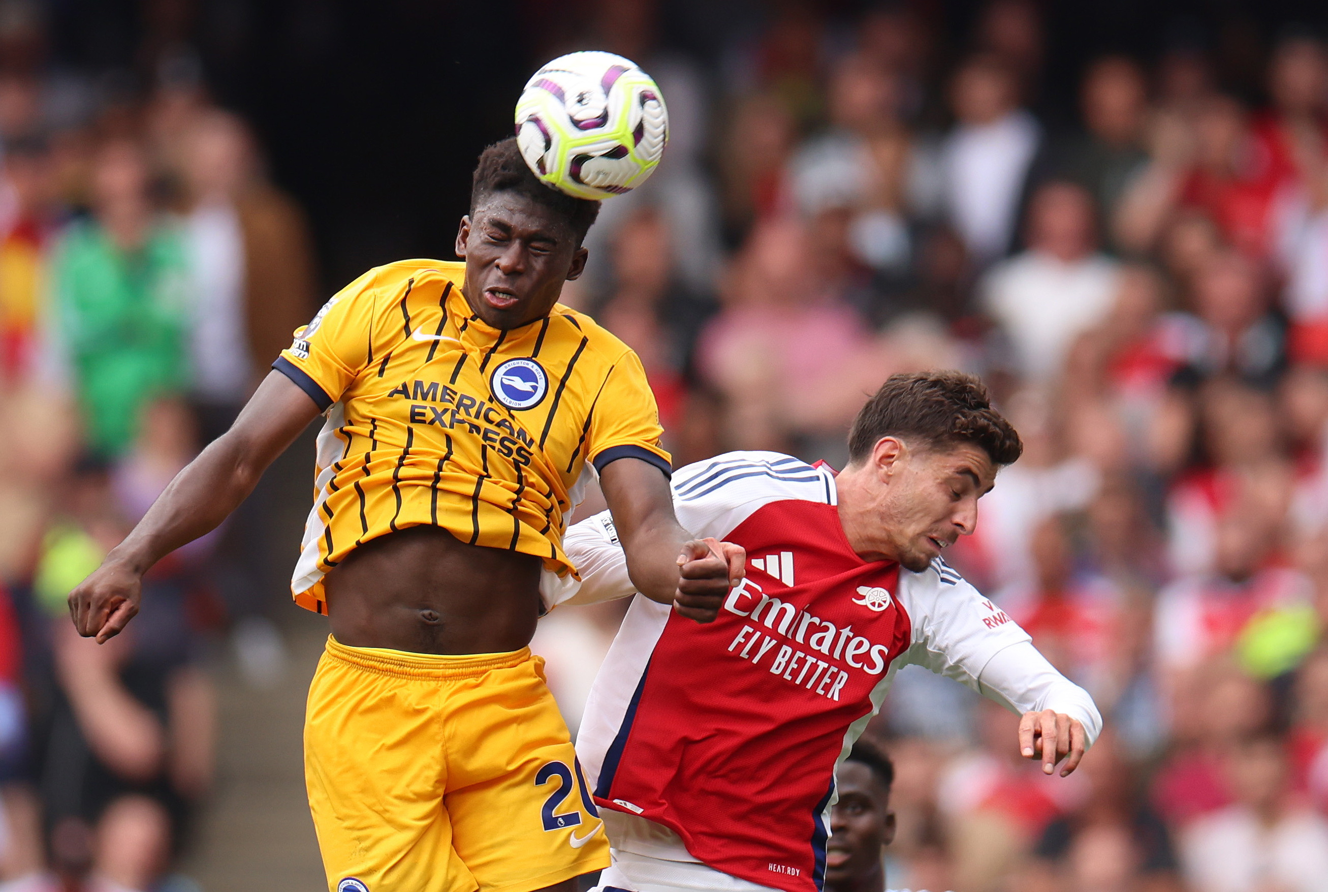 London (United Kingdom), 31/08/2024.- Kai Havertz (R) of Arsenal and Carlos Baleba (L) of Brighton in action during the English Premier League soccer match of Arsenal FC against Brighton & Hove Albion, in London, Britain, 31 August 2024. (Reino Unido, Londres) EFE/EPA/ANDY RAIN EDITORIAL USE ONLY. No use with unauthorized audio, video, data, fixture lists, club/league logos, 'live' services or NFTs. Online in-match use limited to 120 images, no video emulation. No use in betting, games or single club/league/player publications.