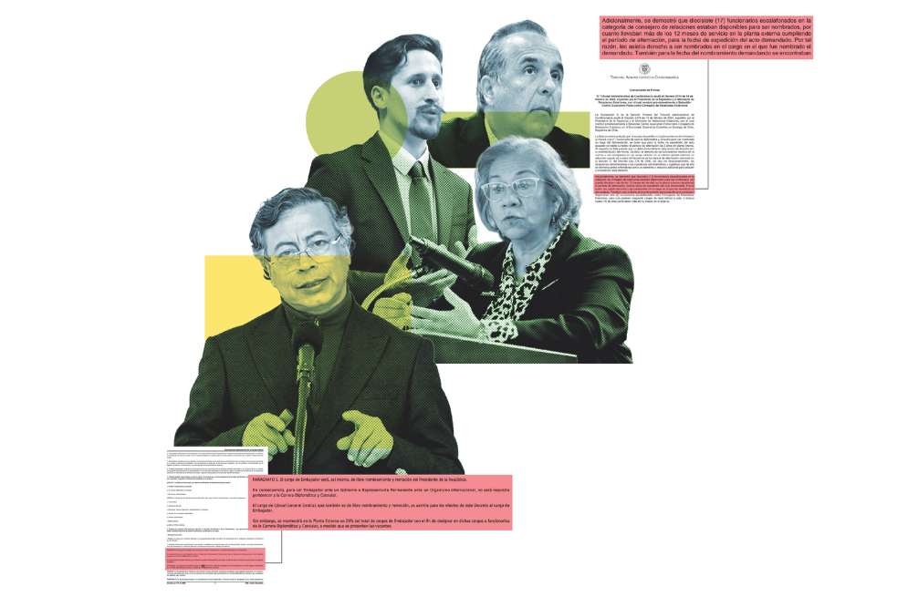 El presidente Gustavo Petro y la canciller Rosa Villavicencio, junto a los embajadores Sebastián Guanumen (Chile) y Guillermo Reyes (Suecia).