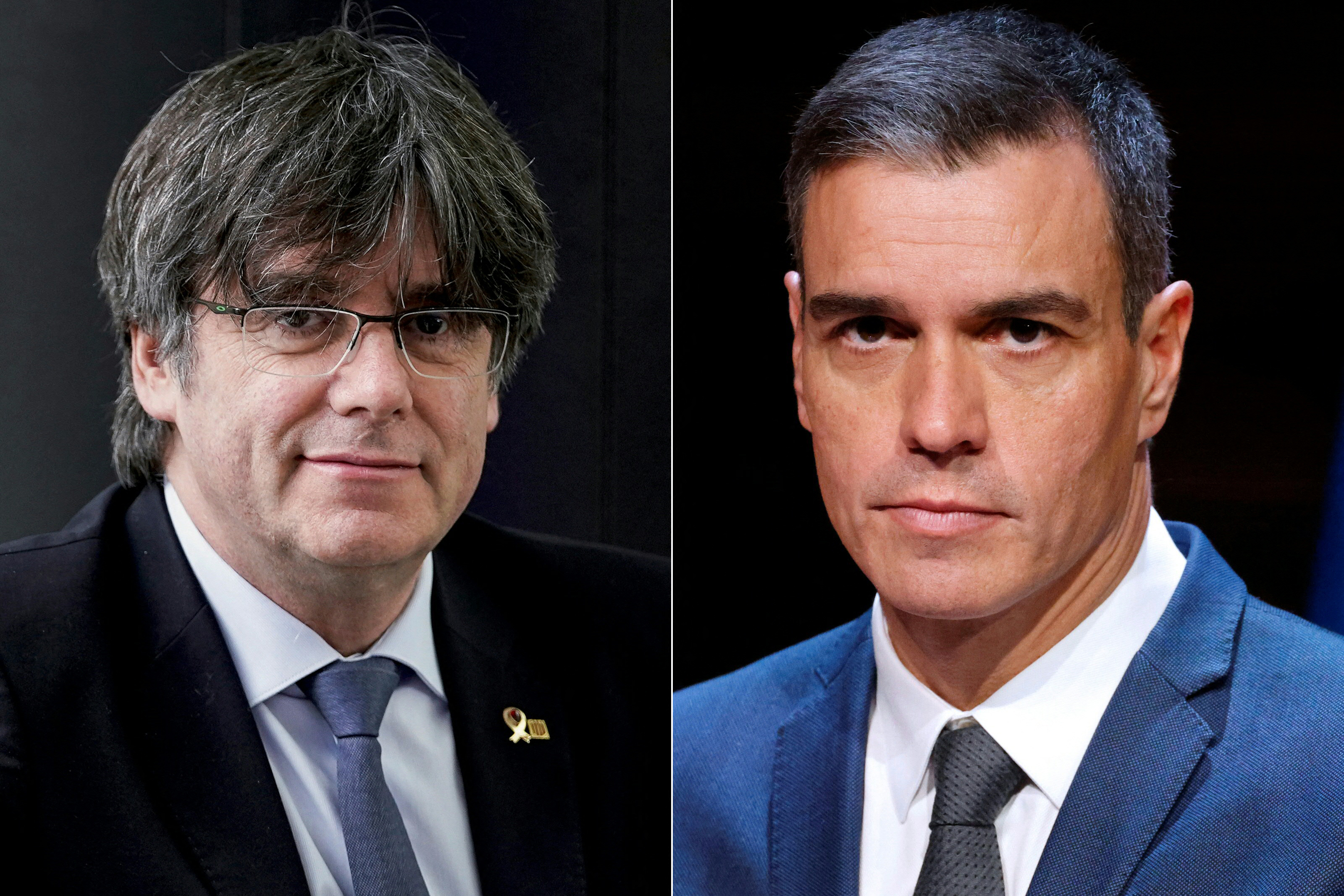 El miembro del Parlamento Europeo y ex presidente catalán Carles Puigdemont (izq.) en Bruselas el 2 de marzo de 2020 y el primer ministro de España, Pedro Sánchez.