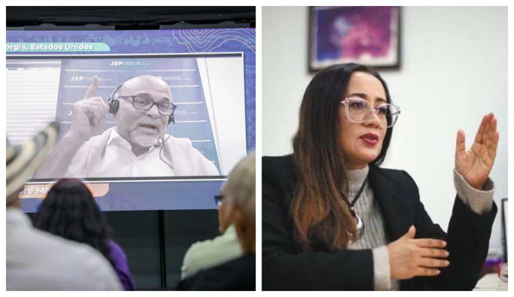 Salvatore Mancuso, excomandante de las Autodefensas Unidas de Colombia (izquierda). Magistrada Alexandra Valencia, togada de la Sala de Justicia y Paz del Tribunal Superior de Bogotá.