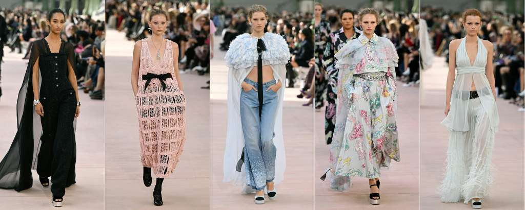 (COMBO) This combination of pictures created on October 01, 2024 shows
models presenting creations by Chanel for the Women Ready-to-wear Spring-Summer 2025 collection as part of the Paris Fashion Week, in Paris on October 1st, 2024.