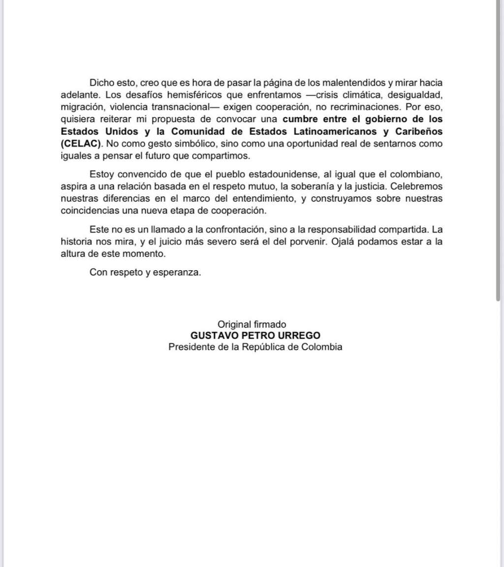Esta es la carta con la que Petro quiso bajarle el tono a la puja con Trump.
