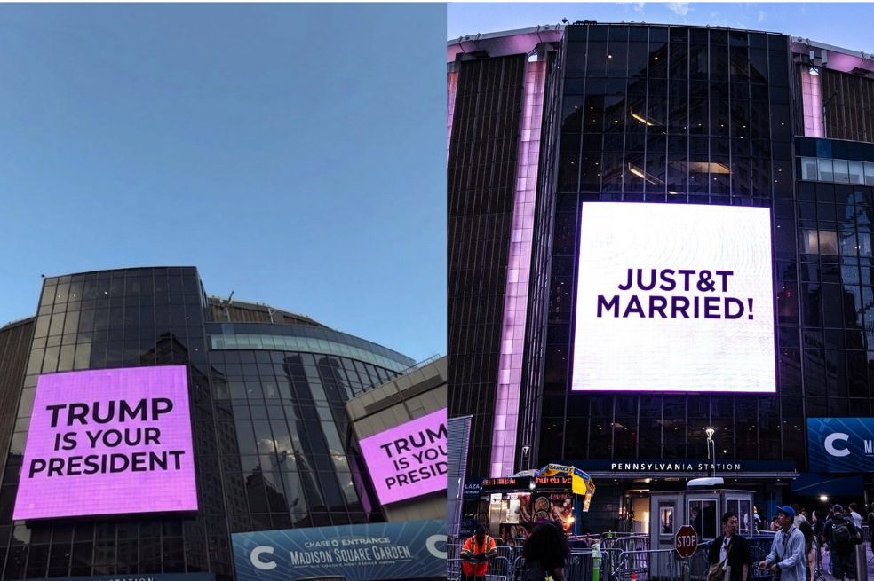 A la izquierda, la imagen compartida por la Casa Blanca en X, que parodia el supuesto anuncio de compromiso de Taylor Swift y Travis Kelce en el Madison Square Garden de Nueva York.