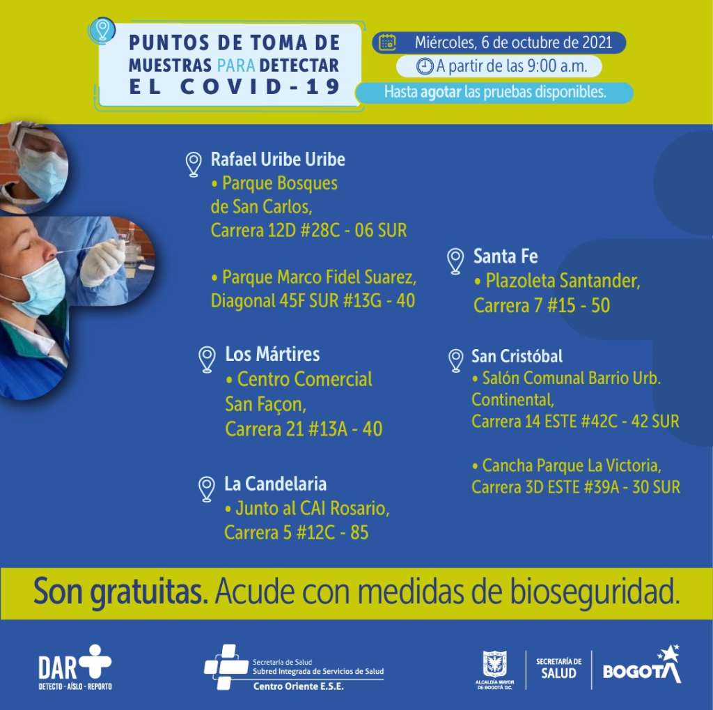 Pruebas PCR para este miércoles 6 de octubre.