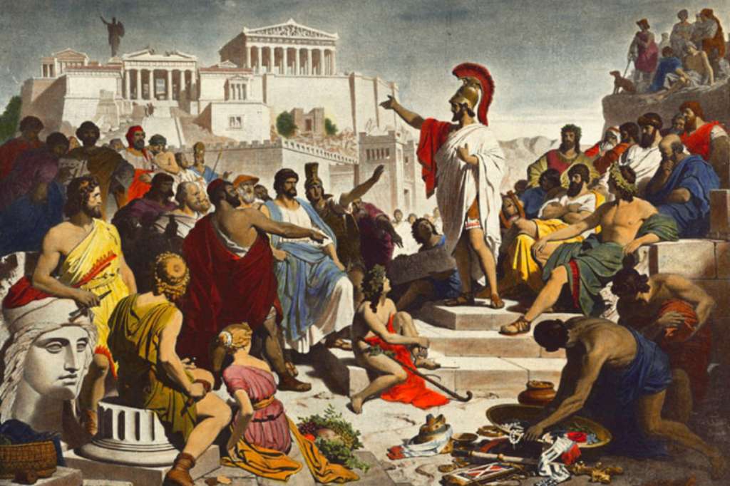 Esta imagen representa el discurso de Pericles, uno de los personajes que participó en los orígenes de la democracia ateniense.