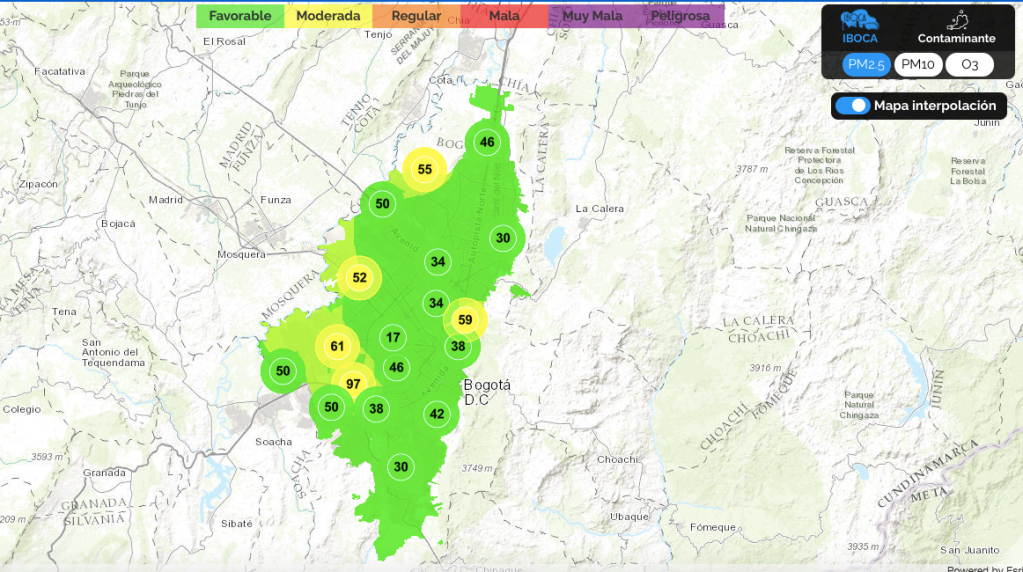 Mapa de concentración del material particulado en Bogotá