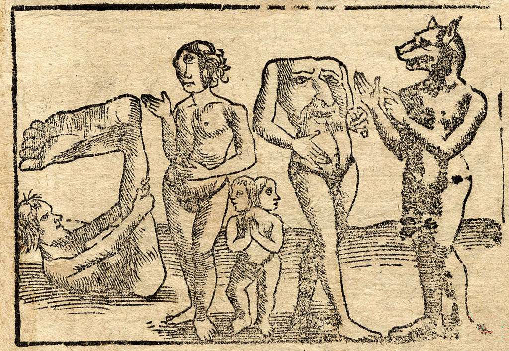 Xilografía de Sebastián Münster de 1544 que representa, de izquierda a derecha, un esciápodo, un cíclope, unos siameses, un blemio y un cinocéfalo.