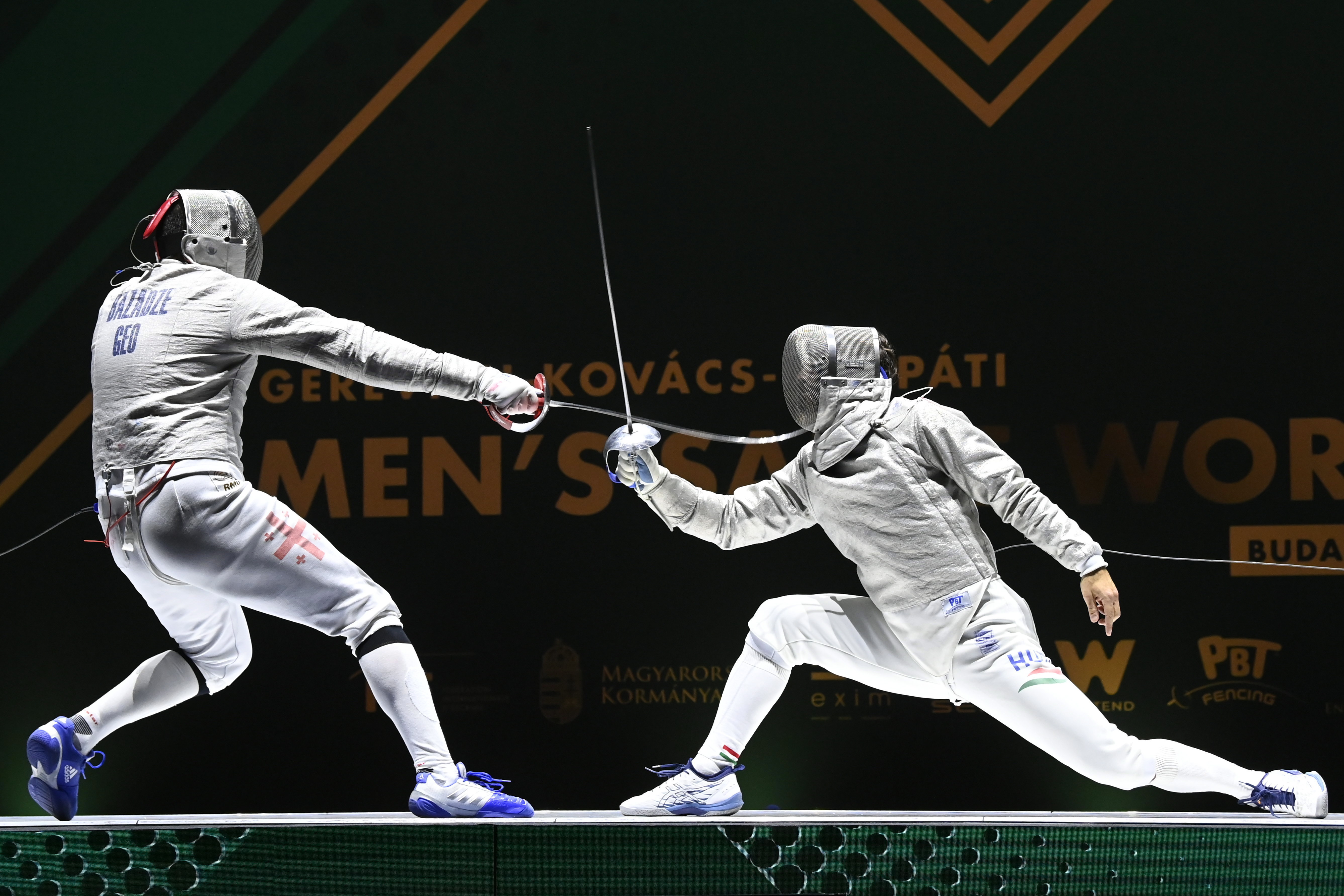 Budapest (Hungary), 25/03/2023.- Aron Szilagyi of Hungary (R) in action against Sandro Bazadze of Georgia during the men'Äôs sabre fencing Gerevich-Kovacs-Karpati World Cup in Budapest, Hungary, 25 March 2023. (Hungría) EFE/EPA/Tamas Kovacs HUNGARY OUT