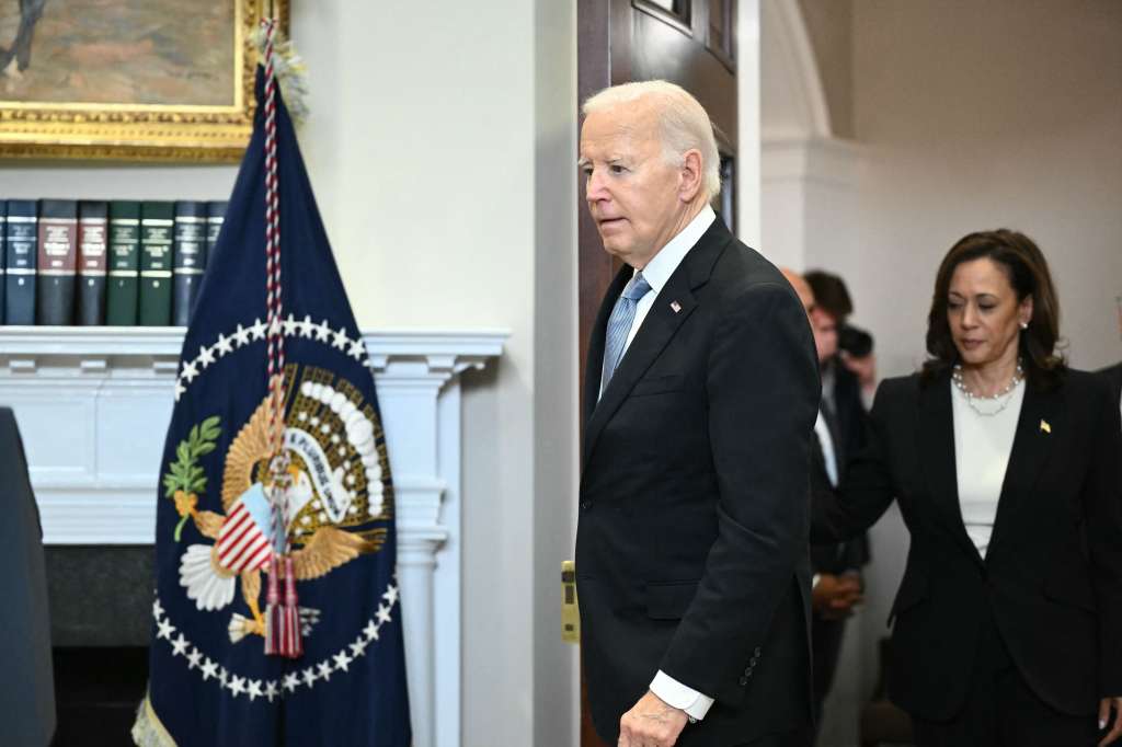 (FILES) US President Joe Biden and Vice President Kamala Harris arrive to speak from the Roosevelt Room of the White House in Washington, DC, on July 14, 2024, one day after former president Donald Trump survived an apparent assassination attempt during a rally in Pennsylvania.
