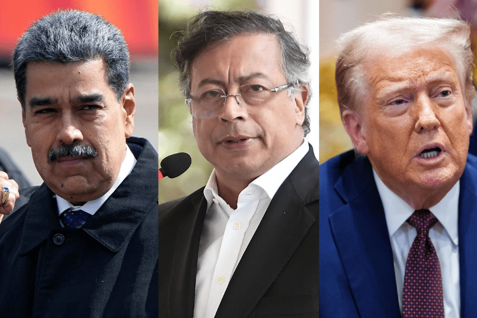 El presidente Gustavo Petro (centro) ha respaldado a su homólogo venezolano, Nicolás Maduro (izq.), en medio del despliegue naval ordenado por el mandatario de EE. UU., Donald Trump (der.).