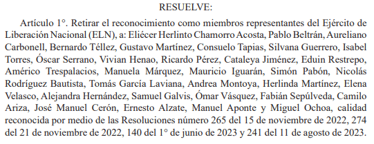 Imagen de la resolución publicada en el diario oficial sobre la suspensión oficial del proceso de paz con el ELN.