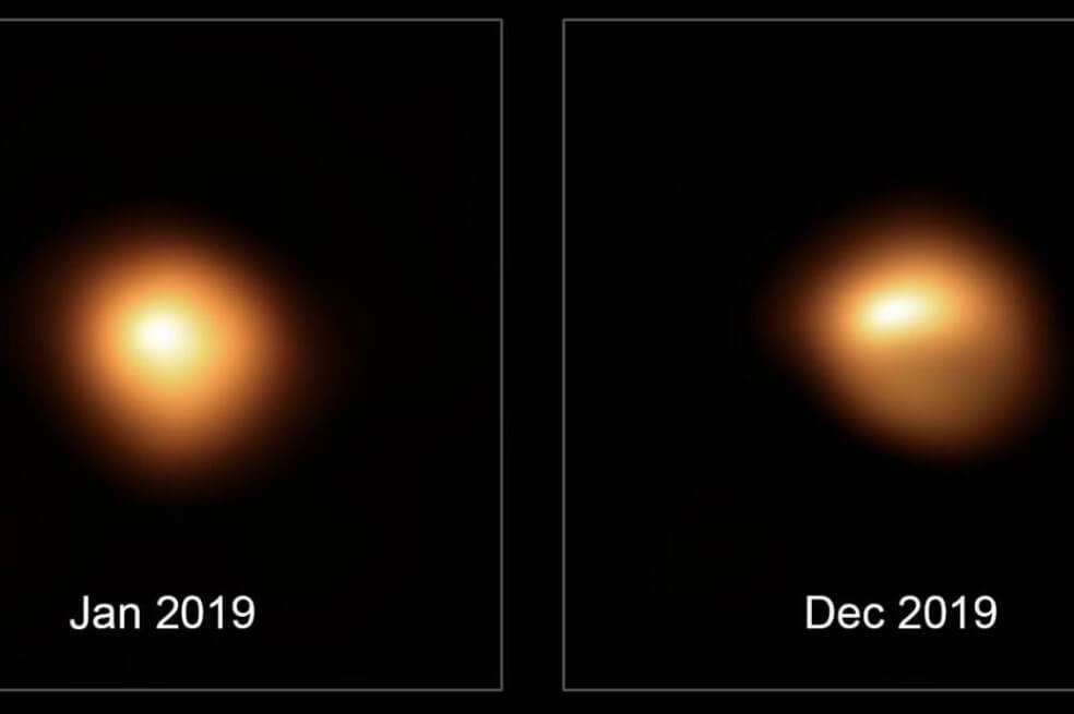 Observaciones de la estrella Betelgeuse tomadas por Very Large Telescope, de enero y diciembre de 2019, que muestran su atenuación sustancial.  / MONTARGÈS ET AL
