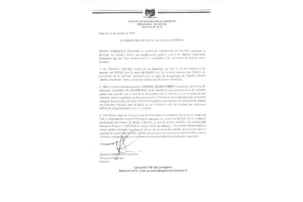 Comunicado del personero de Segovia