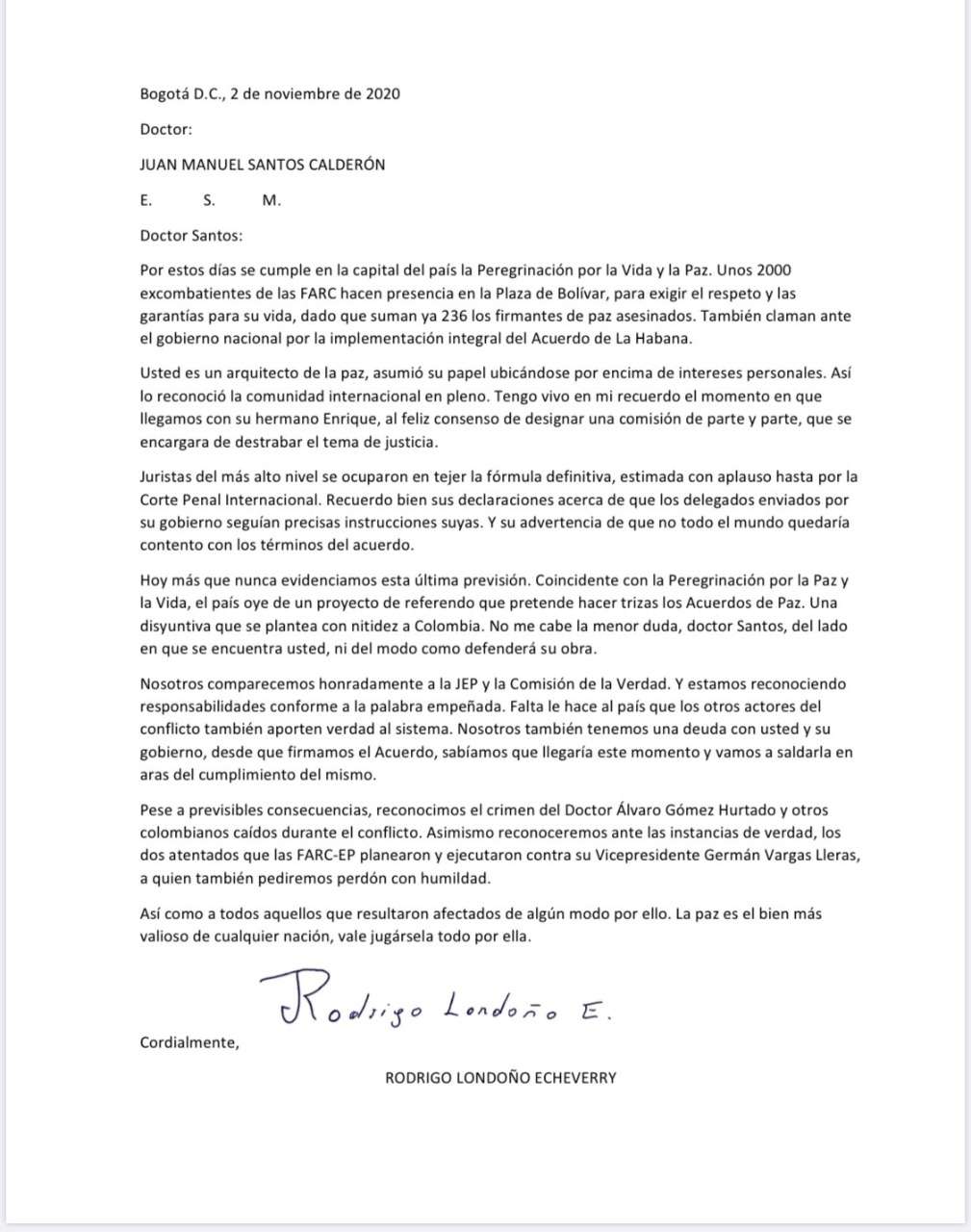 Carta de Rodrigo Londoño a Juan Manuel Santos en la que reconoce atentados a Vargas Lleras.