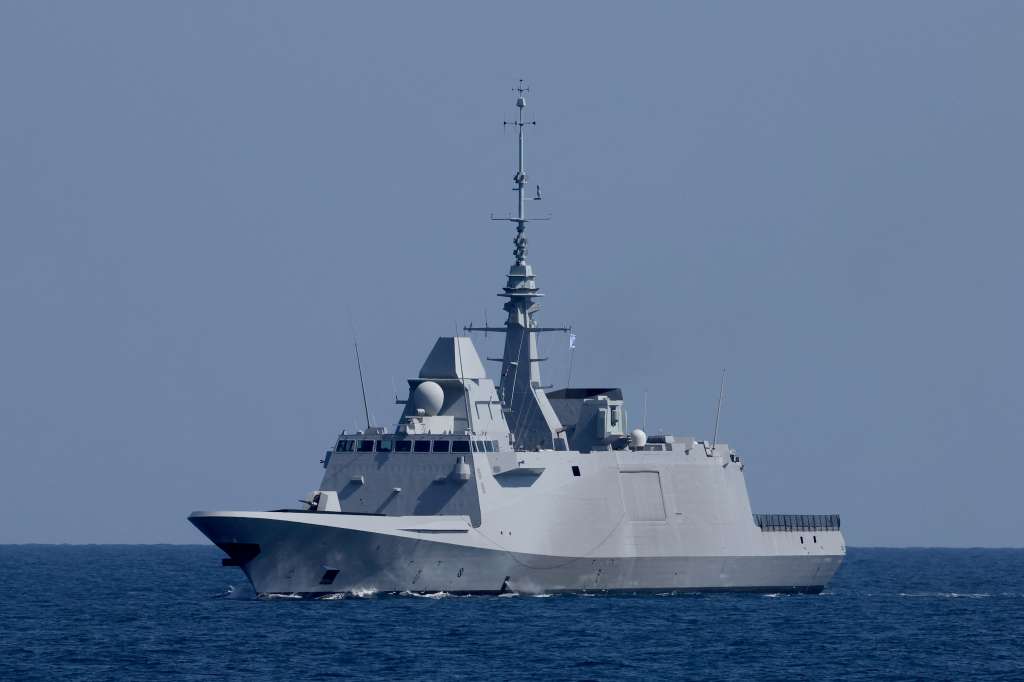 (FILES) The French Languedoc (D653), a FREMM multipurpose frigate, performs manuevers during the "Noble Dina 23" multilateral aeronautical exercise in the Mediterranean sea on March 27, 2023. The French military said on December 10, 2023 that its frigate Languedoc shot down two drones in the Red Sea that were heading towards it from Yemen's coast, just after the Iran-backed Huthi rebels threatened to attack any vessels heading to Israeli ports unless food and medicine were allowed into the besieged Gaza Strip. (Photo by JACK GUEZ / AFP)