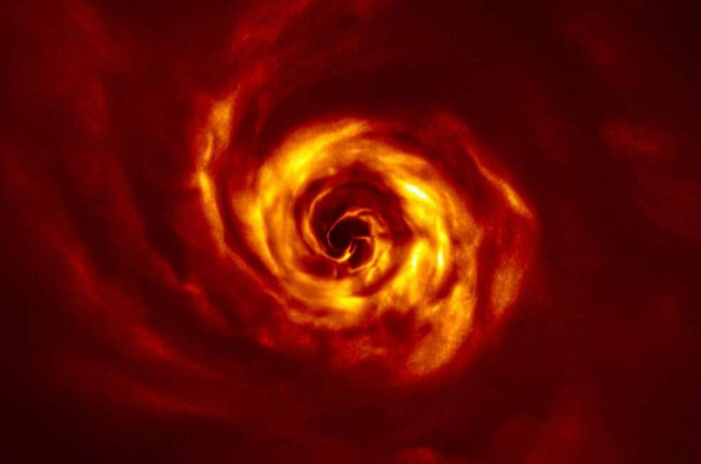 Cerca del centro de la imagen, obtenida con luz polarizada con el instrumento SPHERE del VLT, se observa el ‘giro" (en amarillo muy brillante) que marca el lugar donde se puede estar formando un planeta. Este giro se encuentra aproximadamente a la misma distancia de la estrella que Neptuno del Sol. / ESO/ Boccaletti et al.