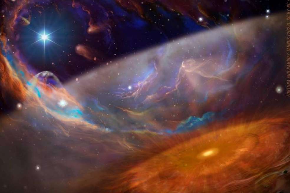 Recreación artística Nebulosa de la Langosta. El programa XUE apunta a un total de 15 discos en tres áreas de la Nebulosa de la Langosta (también conocida como NGC 6357).