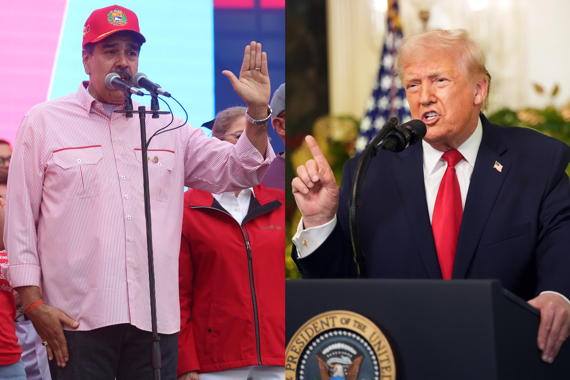 AME9711. BOGOTÁ (COLOMBIA), 20/12/2025.- Combo de fotografías de archivo que muestran al presidente de Venezuela, Nicolas Maduro y al presidente de Estados Unidos, Donald Trump. A la diáspora venezolana en Miami no le incomoda del todo una eventual intervención de Estados Unidos para "liberar" al país de Maduro, pero cuando la retórica de Trump cambió de la lucha contra el narcotráfico al tema petrolero las cosas cambian. EFE/ Miguel Gutiérrez/ Doug Mills/ ARCHIVO
