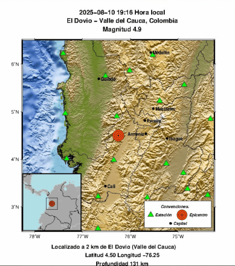 Registraron un temblor de 4,9 en Cali y el Eje Cafetero