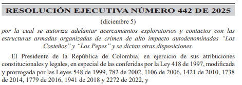 Imagen de la resolución con la que el presidente autoriza los acercamientos con Los Costeños y Los Pepes.
