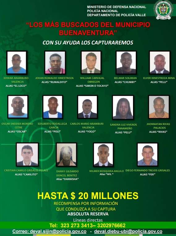 Los 14 más buscados de Buenaventura.Policía NacionalLea también:Homicidios en Cali disminuyeron un 14,6 % en comparación con 2018