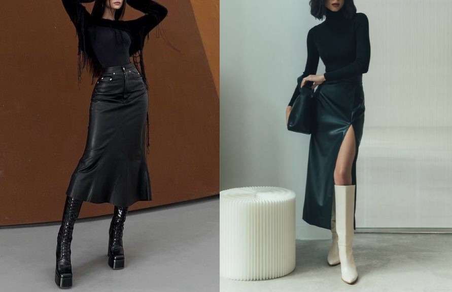 Combina tu falda de cuero midi con unas botas hasta la rodilla para un look que es a la vez moderno y atemporal.