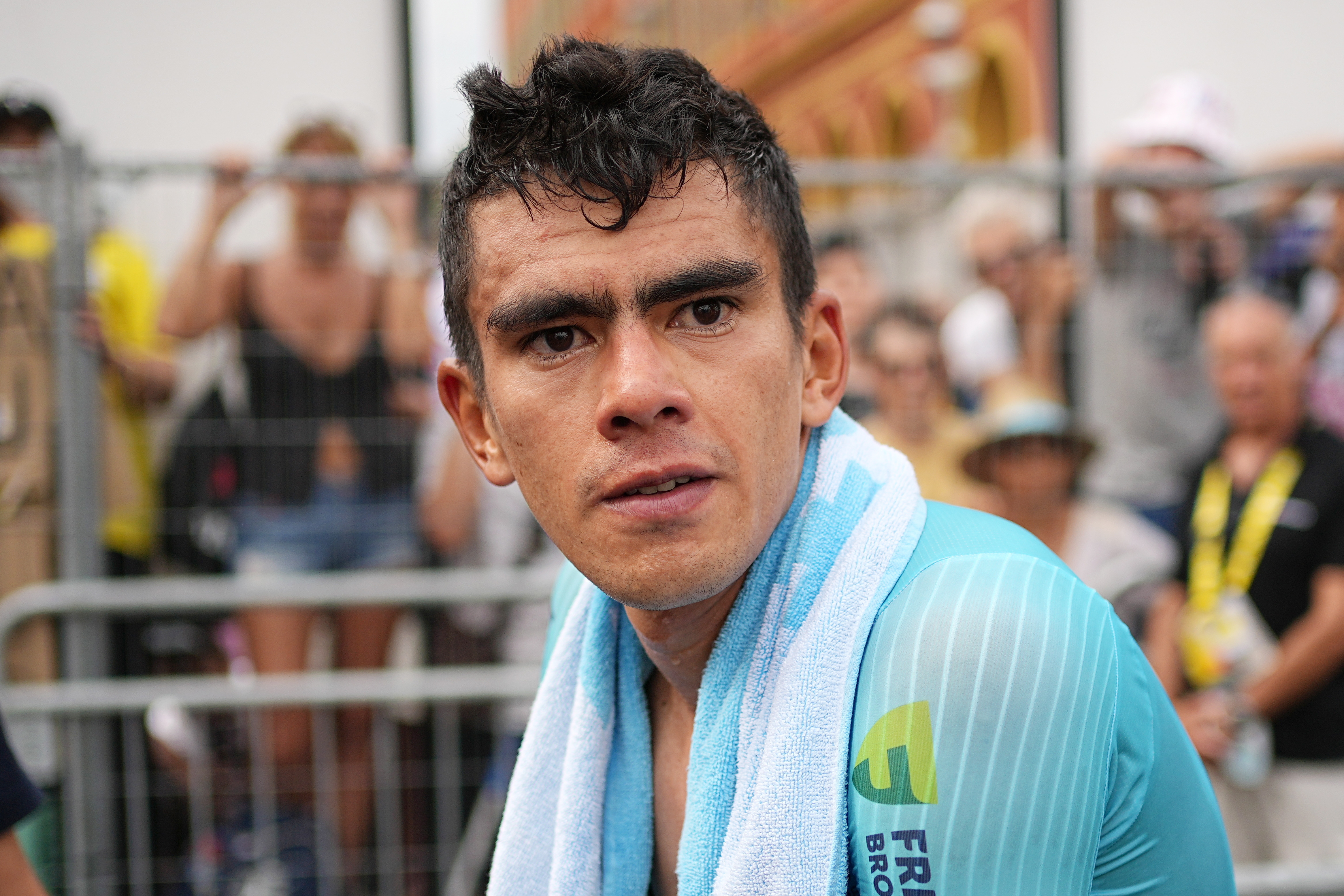 Nice (France), 21/07/2024.- Colombian rider Harold Tejada of Astana Qazaqstan Team looks on after he finishes the 21th stage of the 2024 Tour de France cycling race over 33km Individual time-trial (ITT) from Monaco to Nice, 21 July 2024. (Ciclismo, Francia, Niza) EFE/EPA/LAURENT CIPRIANI / POOL