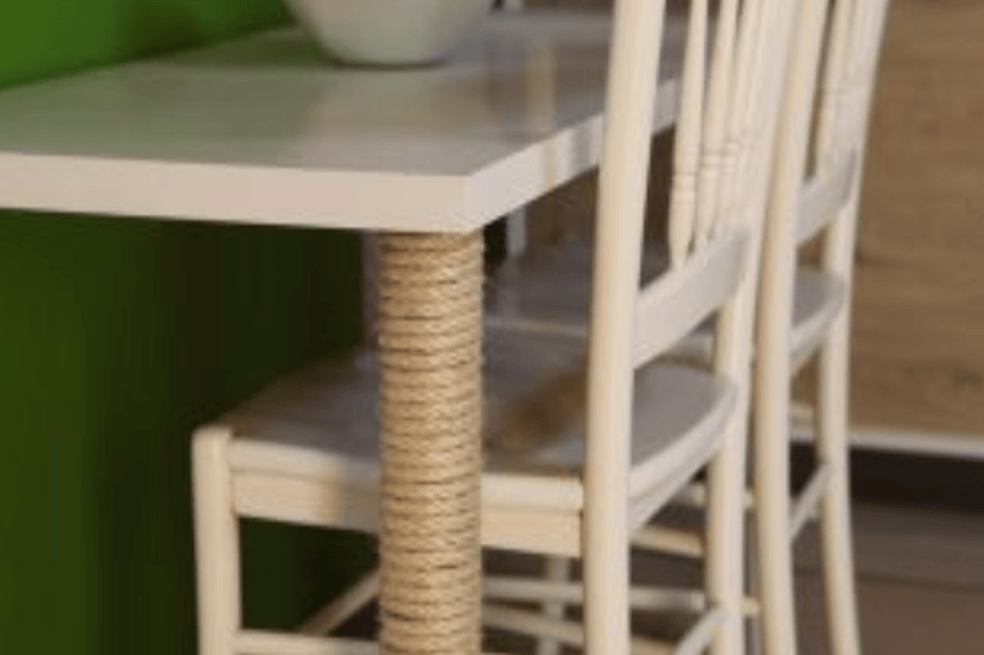 Este juguete consiste en transformar la pata de una mesa en un rascador práctico para gatos.