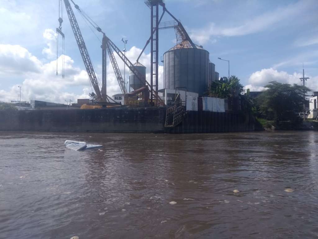 A la altura de Barrancabermeja, el Río Magdalena lleva aguas de color más turbio. Se percibe un colchón que navega en la superficie.