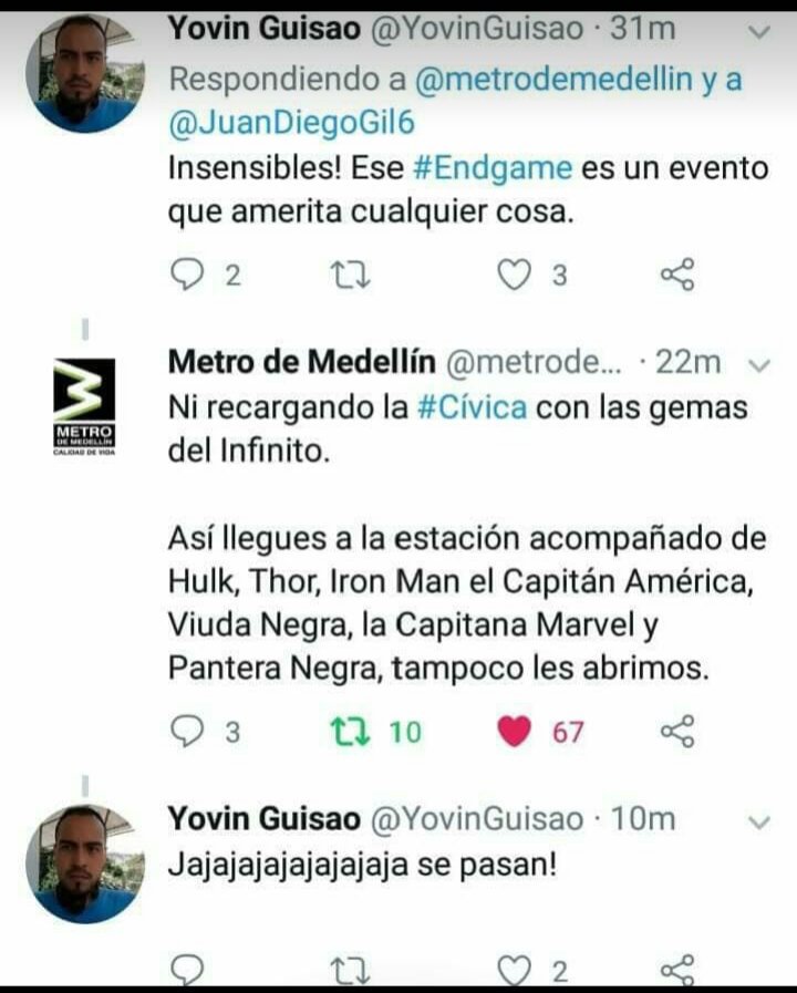 — Metro de Medellín (@metrodemedellin) 15 de abril de 2019Al respecto algunos usuarios también exresaron sus opiniones: