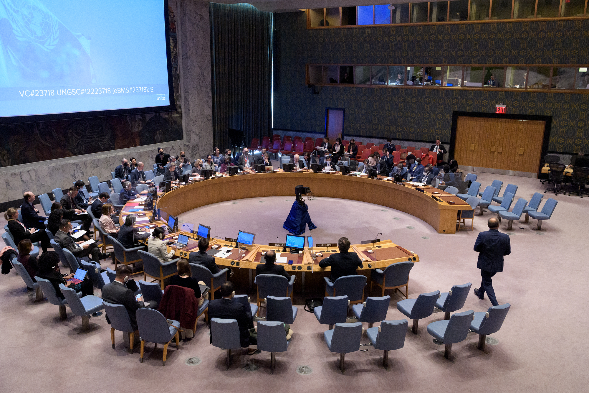 USA6790. NUEVA YORK (ESTADOS UNIDOS), 11/04/2022.- Fotografía cedida por la ONU donde se aprecia una vista general del pleno del Consejo de Seguridad durante la reunión sobre el mantenimiento de la paz y la seguridad en Ucrania, celebrada este lunes en la sede del organismo en Nueva York (EE.UU.). Forzados a dejar su país o a vivir bajo las bombas, víctimas de ataques y de violencia sexual y con un futuro totalmente incierto; los niños y las mujeres de Ucrania viven un auténtico drama como consecuencia de la guerra, según denunciaron este lunes agencias de Naciones Unidas. EFE/ Manuel Elías/ONU/SÓLO USO EDITORIAL/SÓLO DISPONIBLE PARA ILUSTRAR LA NOTICIA QUE ACOMPAÑA (CRÉDITO OBLIGATORIO)