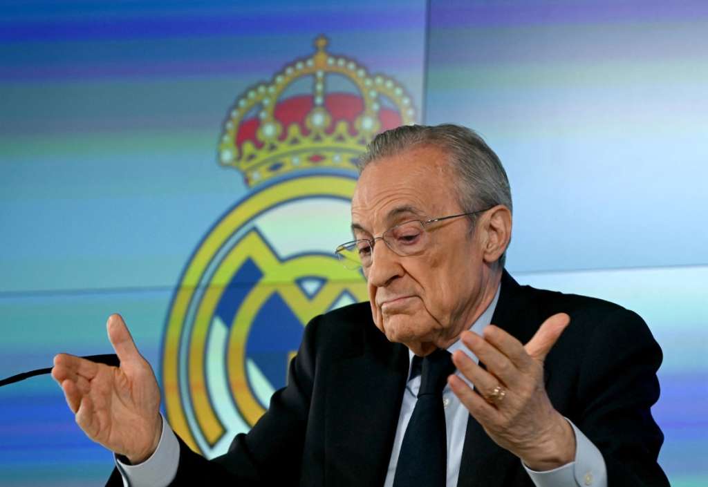 Real Madrid President Florentino Perez talks to media at Real Madrid Sports City in Valdebebas, in the outskirts of Madrid, on May 12, 2026.