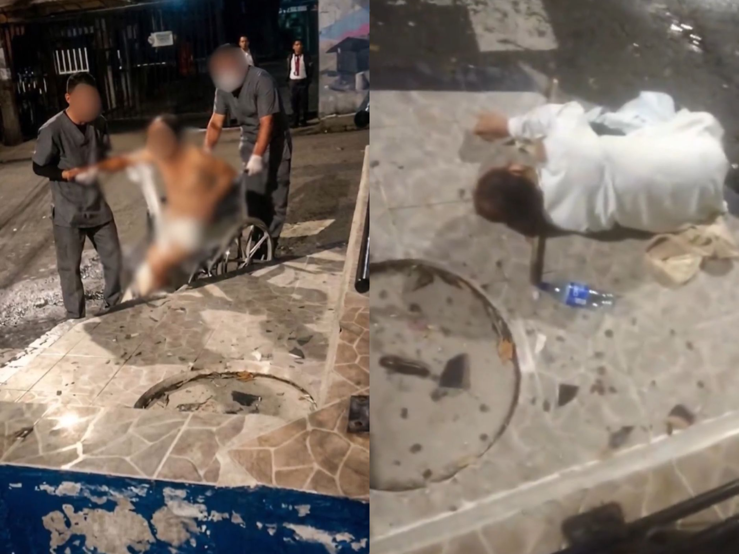 Las imágenes muestran al paciente sobre una acera frente al Hospital La María. La institución aseguró que fue reingresado minutos después y permanece bajo atención médica.