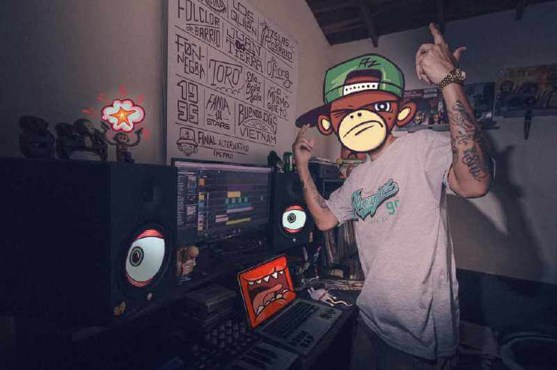 Gambeta en pleno trabajo de producción musical. / Julián Gaviria @eldelasfotos. Ilustración: @zdezapata