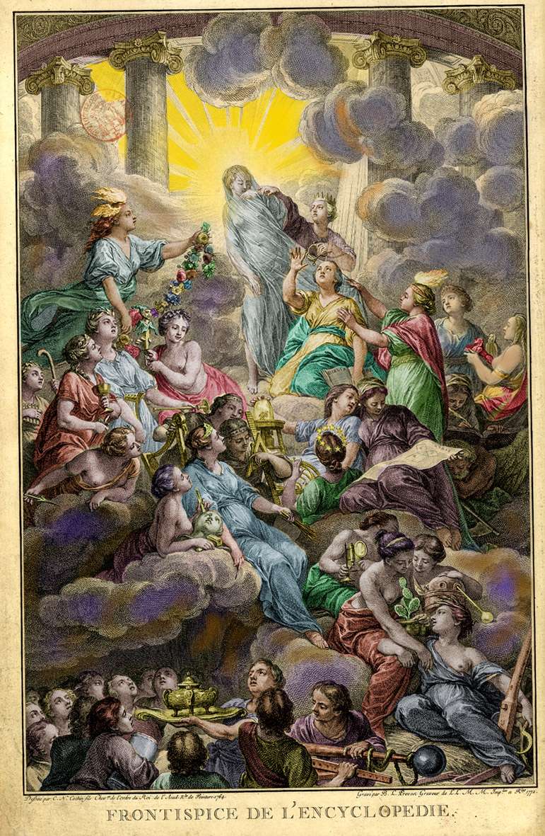 Frontispicio de la Enciclopedia. Dibujo de Carlos Nicolás Cochin (1765) y grabado a cargo de Benoît-Louis Prevost (1772). / Wikicommons