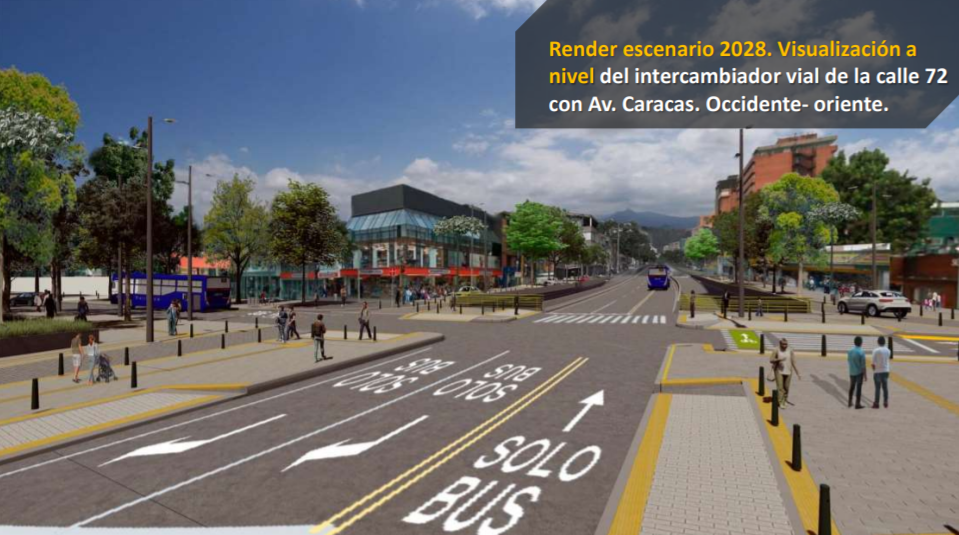 En este render se ve (sentido occidente oriente) cómo quedará la obra de la calle 72 con avenida Caracas.