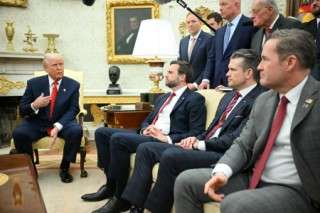 (FILES) US President Donald Trump speaks to the press as he meets with NATO Secretary General Mark Rutte in the Oval Office of the White House in Washington, DC, on March 13, 2025 as, seated from L to R, Vice Presient JD Vance, Defense Secretary Pete Hegseth and National Security Advisor Mike Waltz, and standing, special envoy to Ukraine and Russia Keith Kellog (R) and NATO ambassador nominee Matthew Whitaker (C) look on.